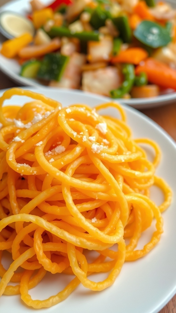 Crispy fried noodles served on a plate, garnished with salt, with a stir-fry dish in the background.